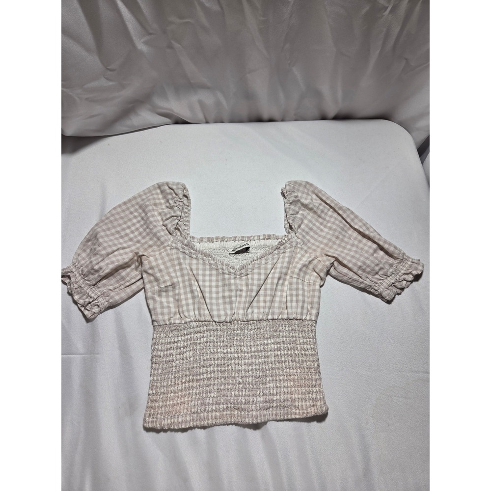 Abercrombie & Fitch Gingham Smocked Puff Sleeve‎ Top Tan White XS Cottagecore